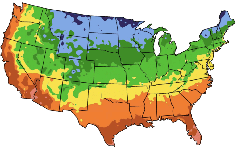 A zone chart showing the various growing zones across the United States